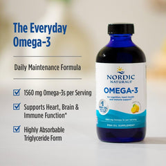 Nordic Naturals Omega-3 glass bottle on shelf highlights lemon flavor appeal