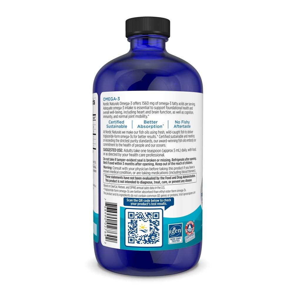 Nordic Naturals Omega-3 lemon liquid pour shows easy daily dosing