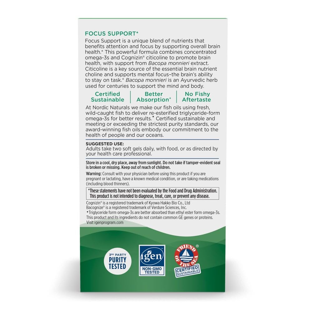 Nordic Naturals Omega Focus bottle label—transparent information on purity and ingredients.