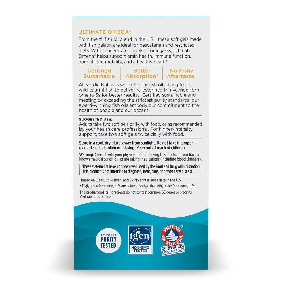 Nordic Naturals Ultimate Omega bottle label emphasizing purity and non-GMO ingredients