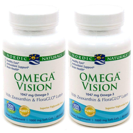 Nordic Naturals Omega Vision lemon bottle highlighting lutein and zeaxanthin for eye health and cognitive support