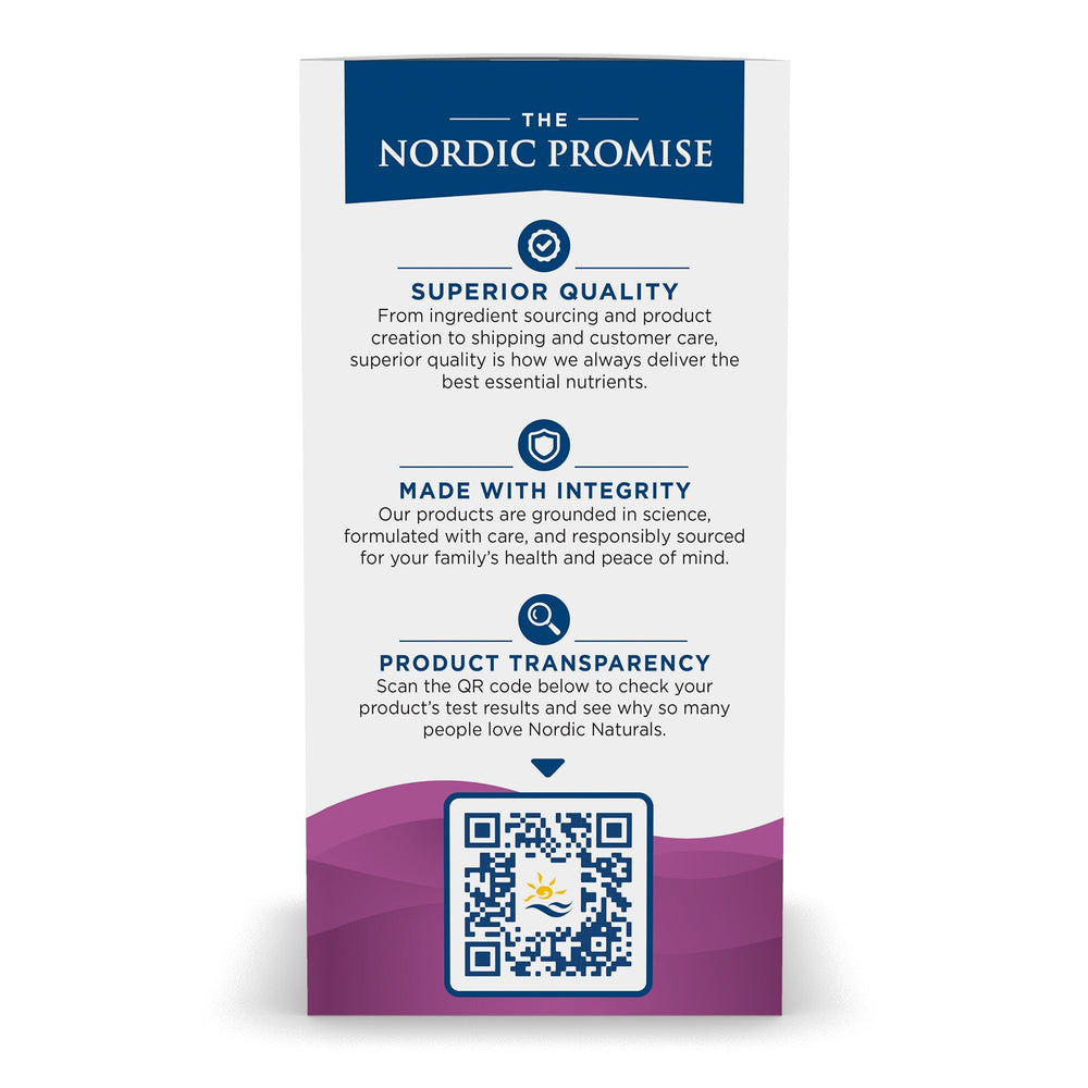 Nordic Naturals Omega Woman product label highlighting purity and benefits.