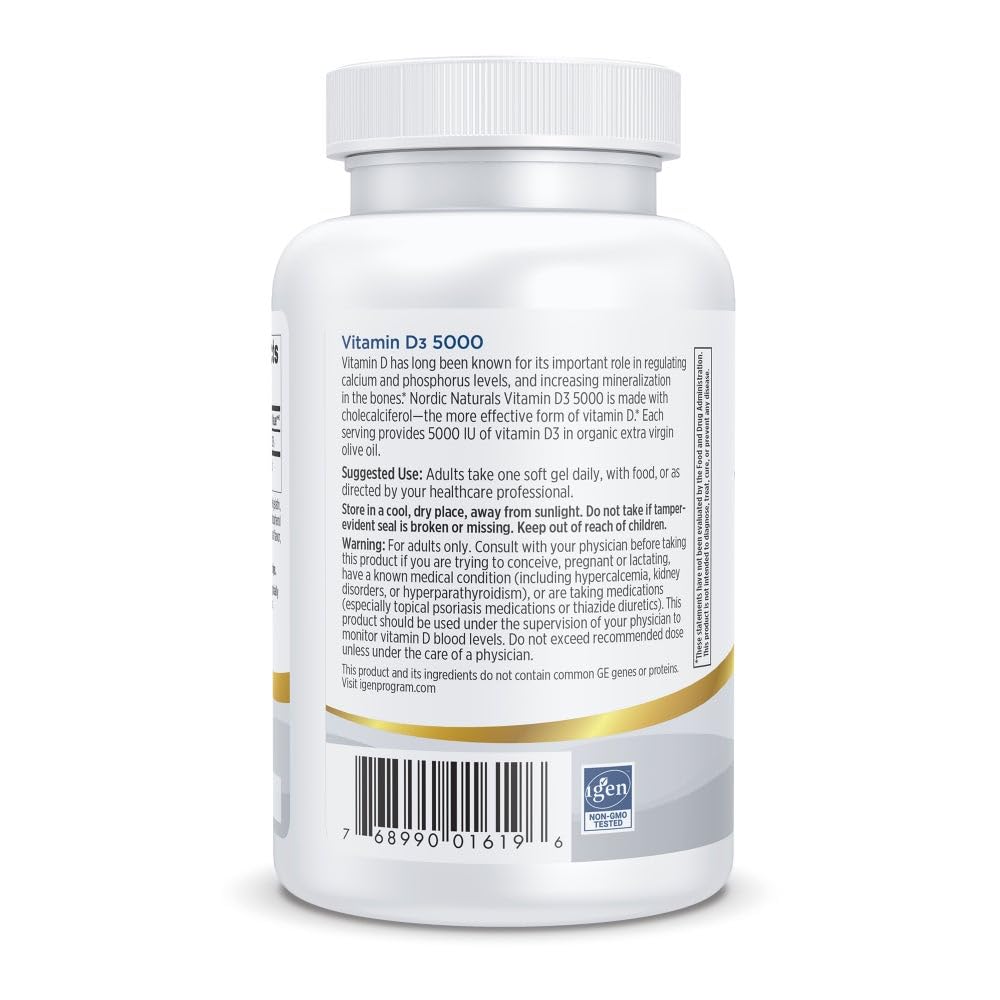 Nordic Naturals Pro Vitamin D3 5000 orange-flavored soft gels, tasty daily supplement.