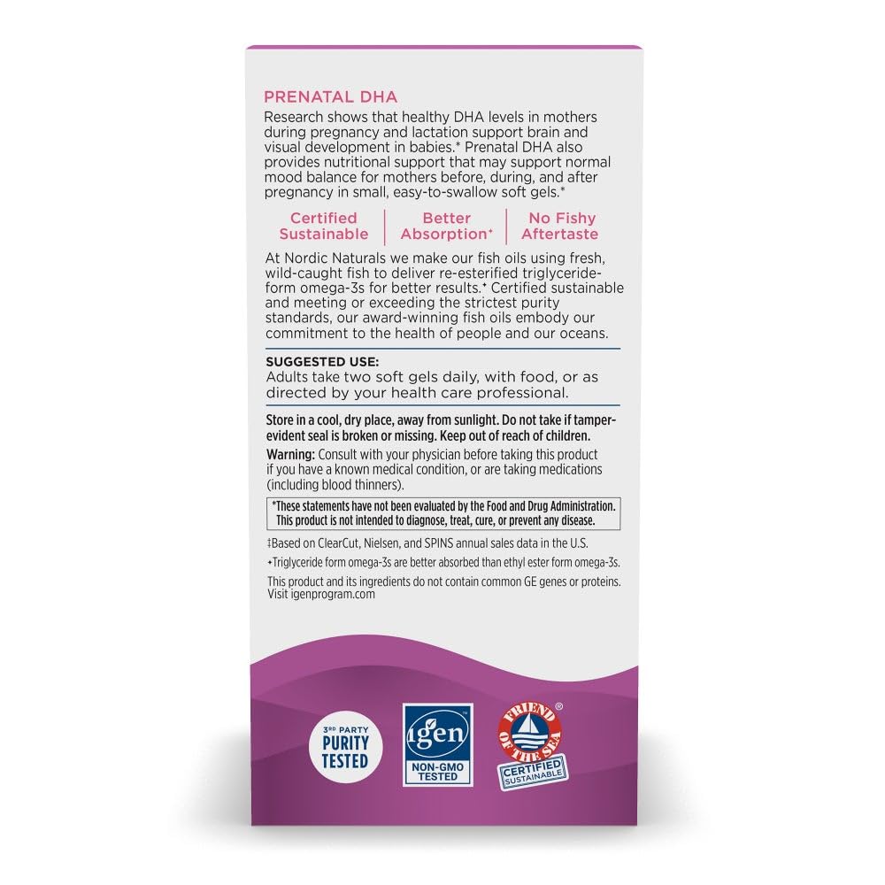 Nordic Naturals Prenatal DHA soft gels closeup, triglyceride form supports absorption.