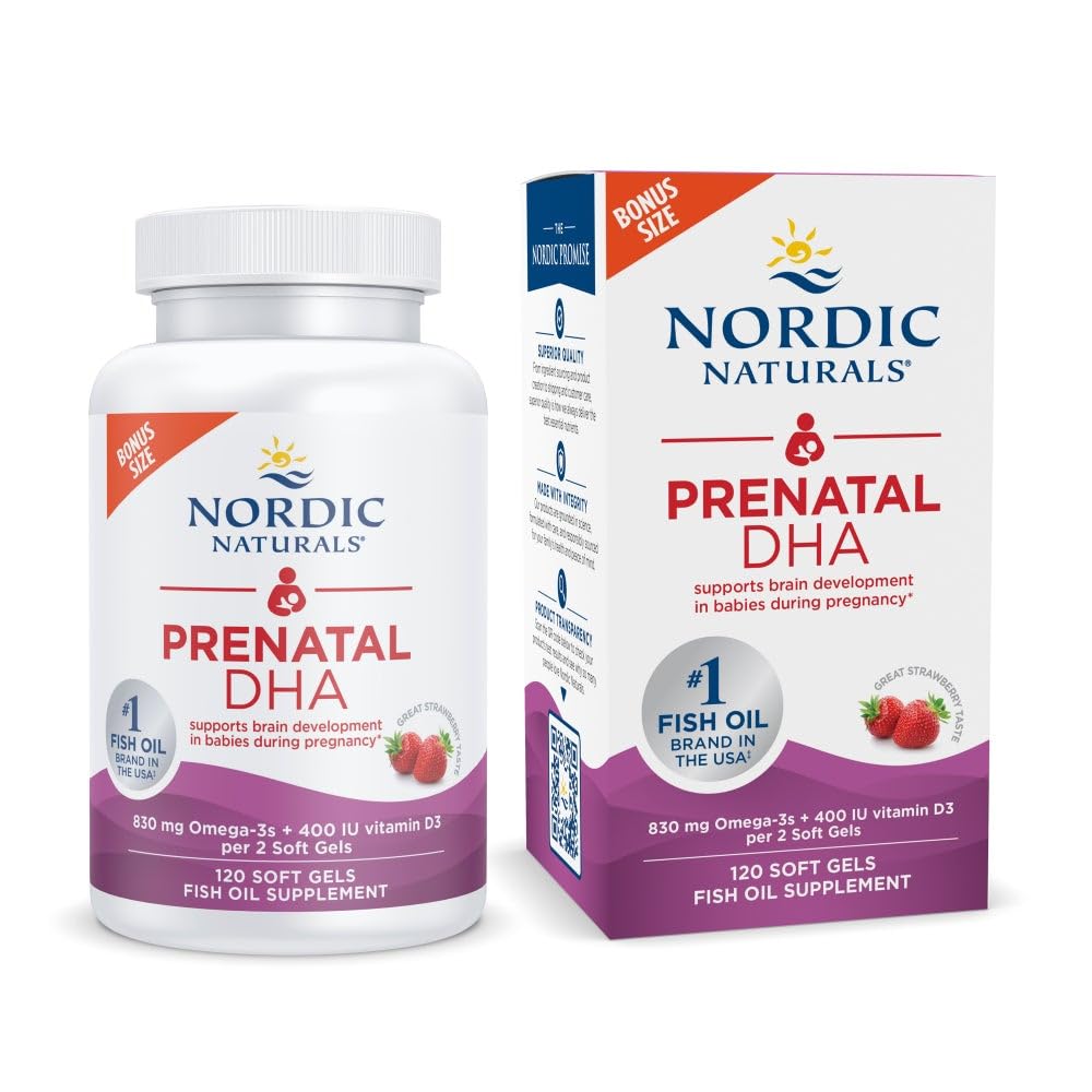 Nordic Naturals Prenatal DHA strawberry bottle offers convenient omega-3 support for pregnancy.