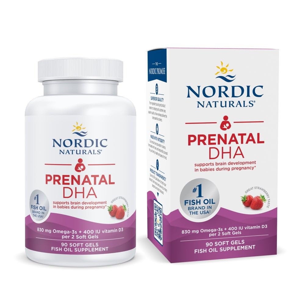 Nordic Naturals Prenatal DHA strawberry bottle for easy daily prenatal nutrition.