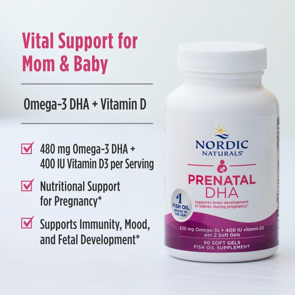 Nordic Naturals Prenatal DHA bottle with clear non-GMO and allergen-free claims.