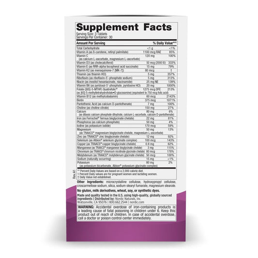 Nordic Naturals prenatal mini bottle label showing non-GMO and gluten-free.