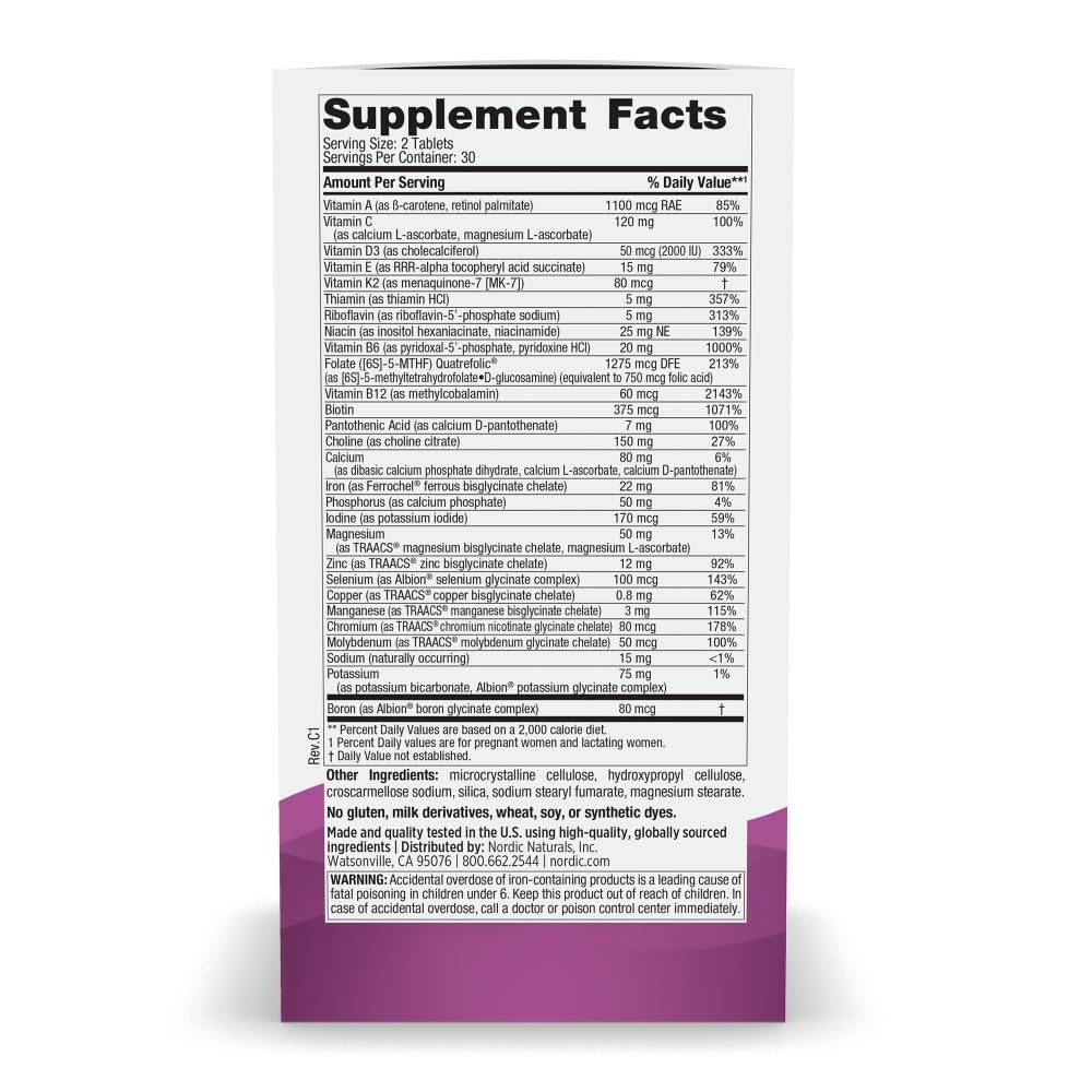 Close-up of Nordic Naturals Prenatal Multivitamin tablets highlighting gentle absorption