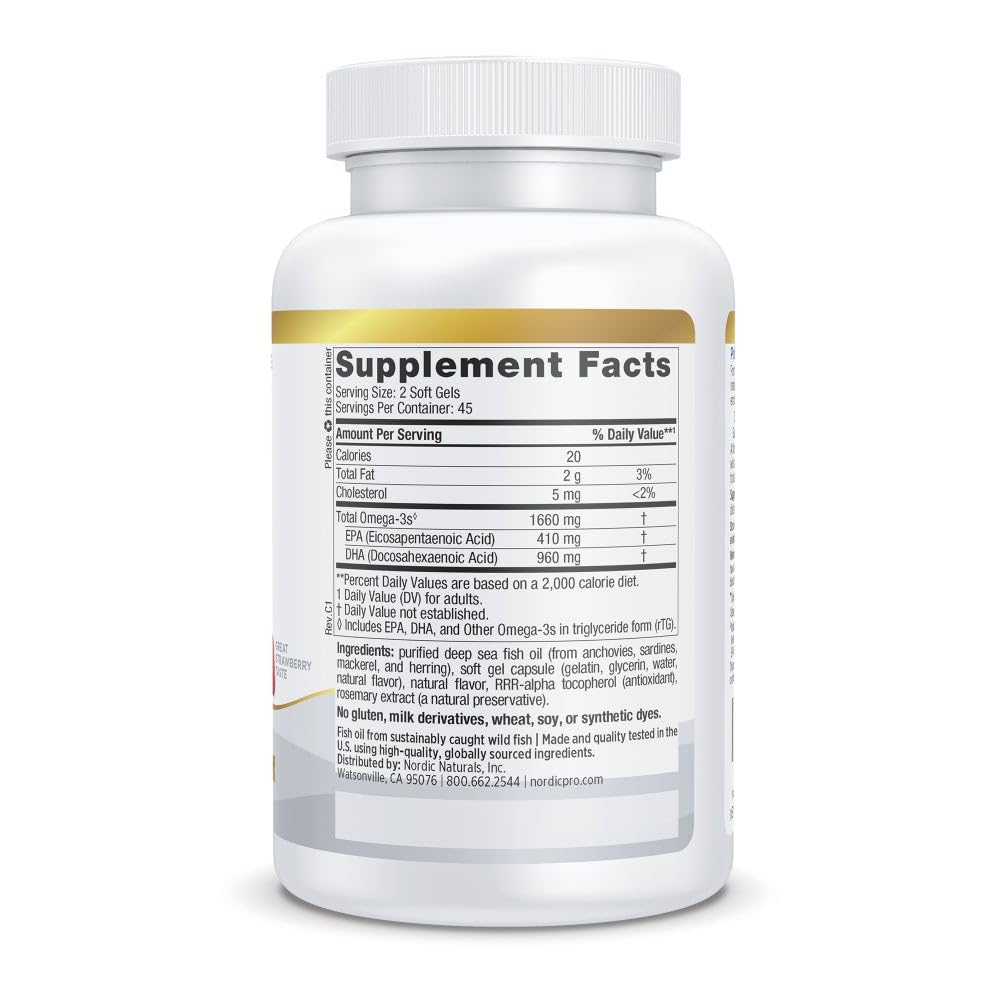 Nordic Naturals ProDHA Xtra Strawberry label close-up shows DHA content.