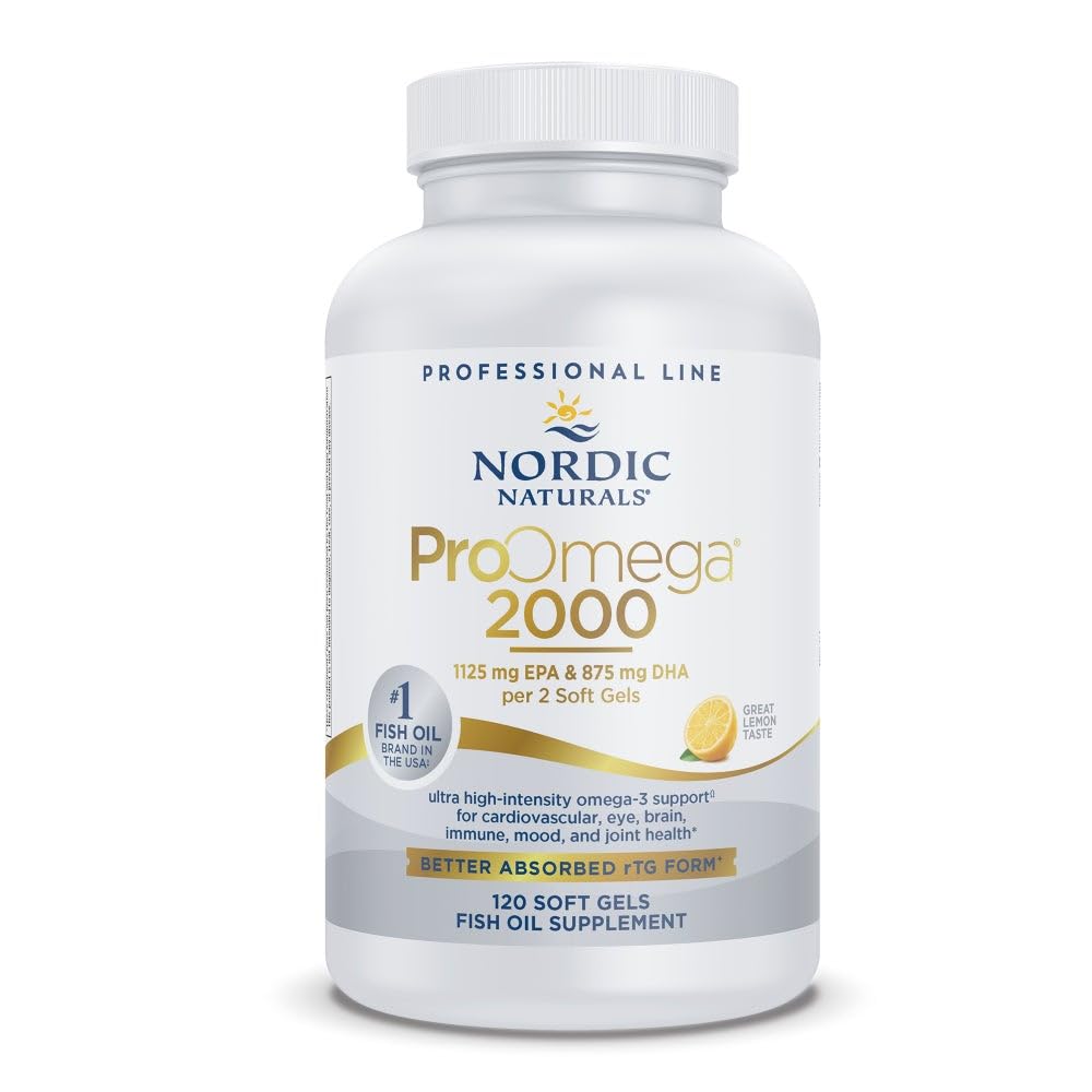 Nordic Naturals ProOmega 2000 lemon bottle highlights high-potency omega-3 for heart and brain support.