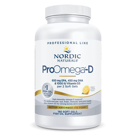 Nordic Naturals ProOmega-D lemon bottle front shows high-potency omega-3 and D3 for daily support