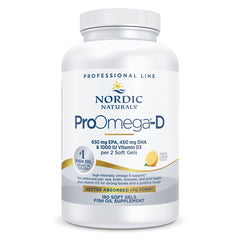 Nordic Naturals ProOmega-D lemon bottle front shows high-potency omega-3 and D3 for daily support