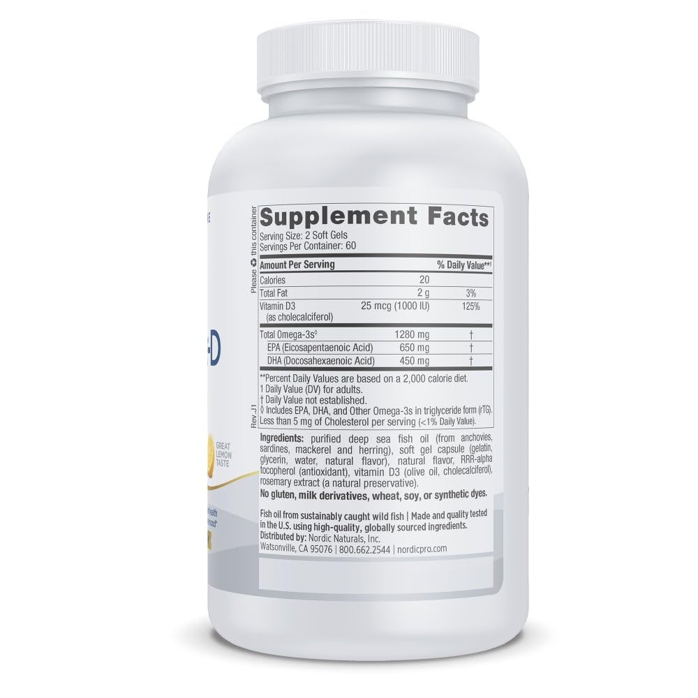 Nordic Naturals ProOmega-D lemon soft gels with bright lemon flavor for easy daily intake.