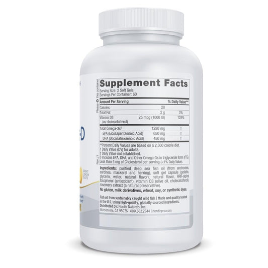 Nordic Naturals ProOmega-D lemon soft gels with bright lemon flavor for easy daily intake.