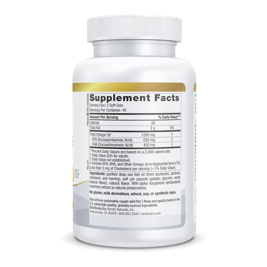 Nordic Naturals ProOmega lemon soft gels — easy-to-swallow daily omega-3 capsules with lemon flavor.