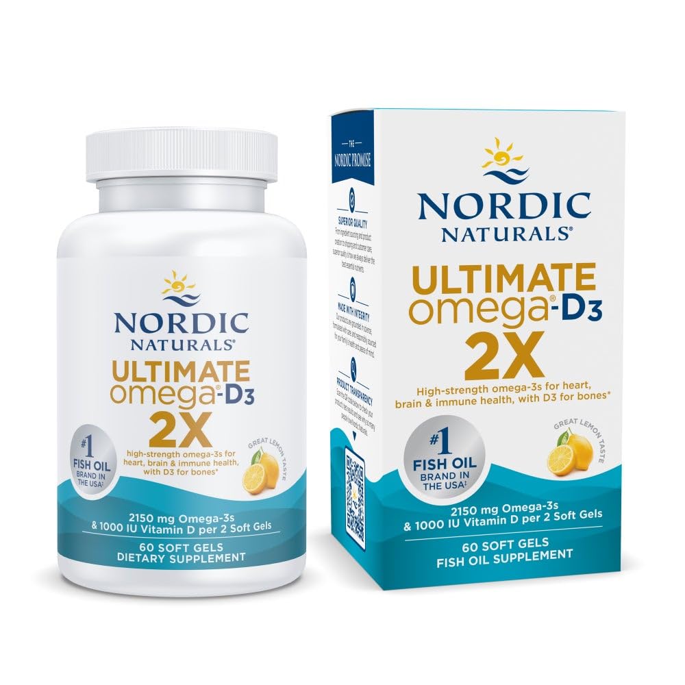 Nordic Naturals Ultimate Omega 2X bottle front, lemon flavor supports everyday wellness.
