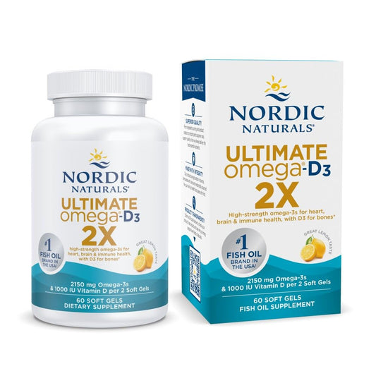 Nordic Naturals Ultimate Omega 2X bottle front, lemon flavor supports everyday wellness.
