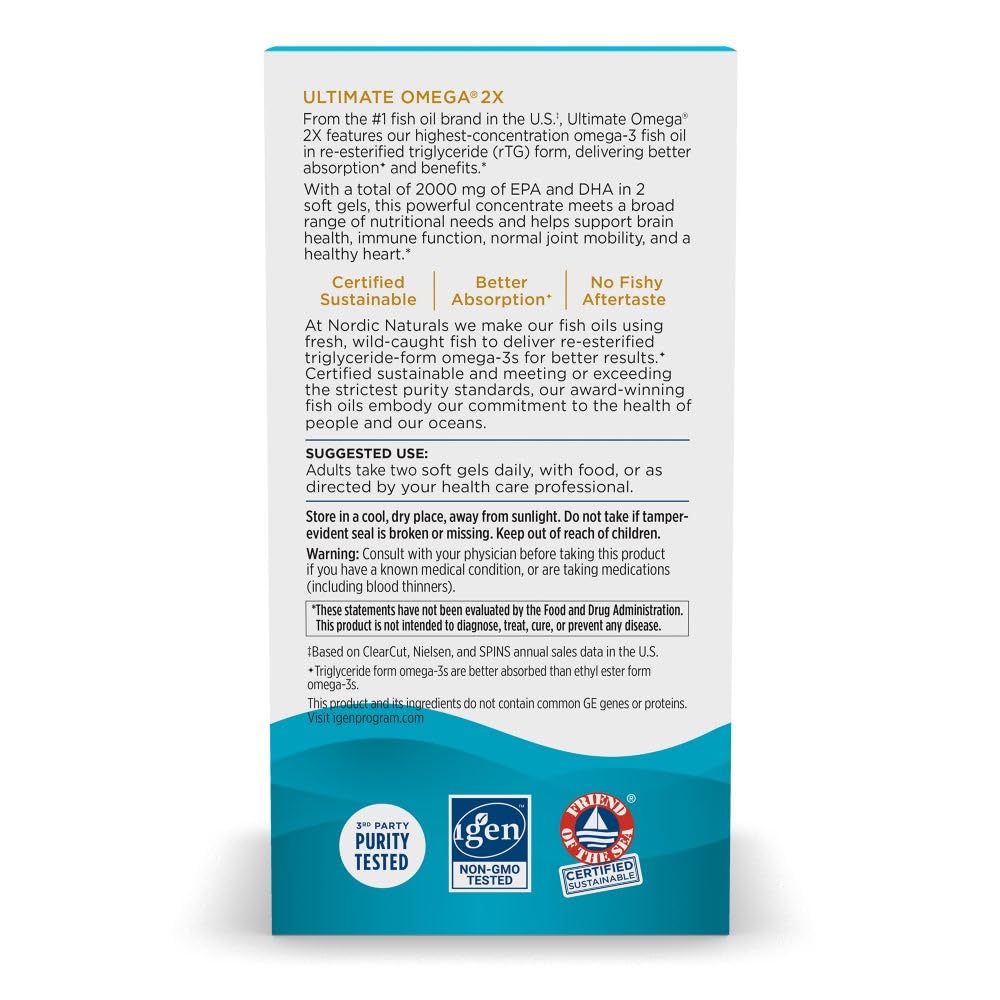 Nordic Naturals Ultimate Omega 2X bottle pour illustrating convenient dosing for heart support
