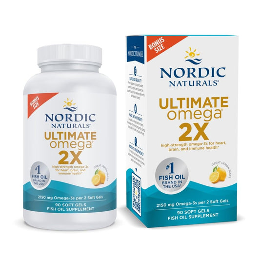 Nordic Naturals Ultimate Omega 2X lemon soft gels bottle may support heart and brain health