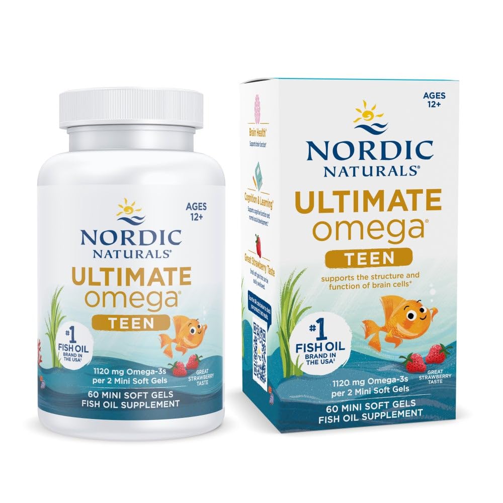 Nordic Naturals Ultimate Omega 2x Teen strawberry soft gels on bottle front; may support teen brain function.