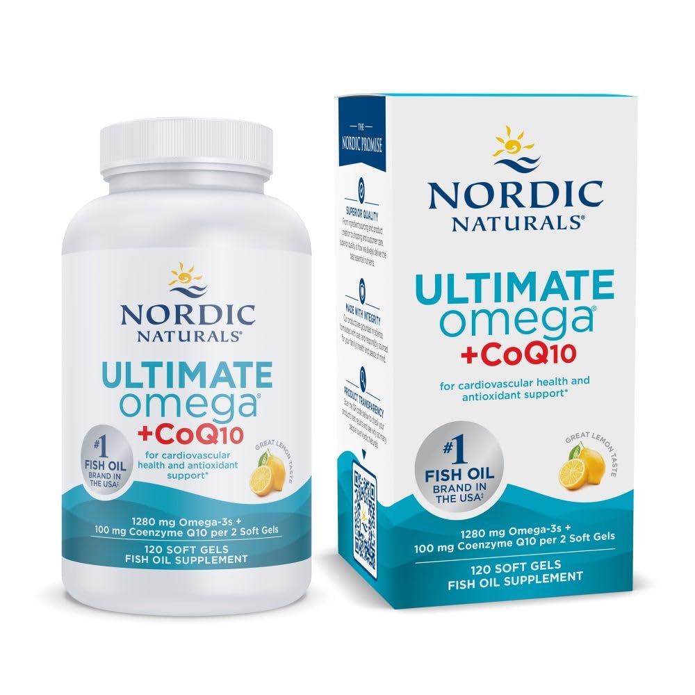 Nordic Naturals Ultimate Omega CoQ10 bottle front with lemon flavor for daily heart health support