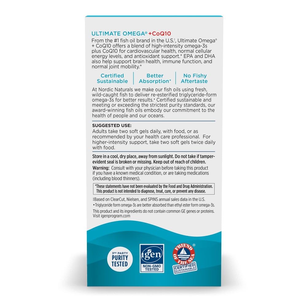 Nordic Naturals Ultimate Omega CoQ10 capsules closeup in triglyceride form for absorption