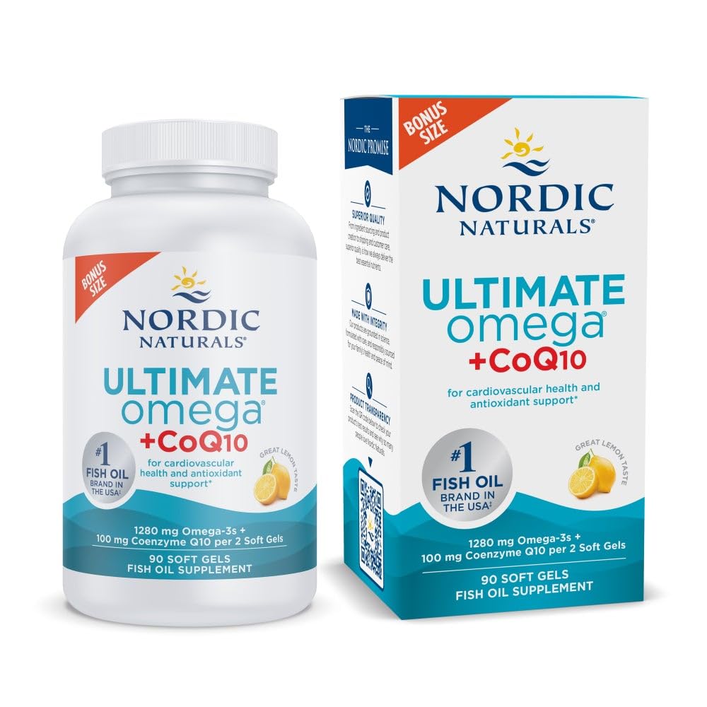 Nordic Naturals Ultimate Omega + CoQ10 lemon bottle showing heart‑healthy and energy support features
