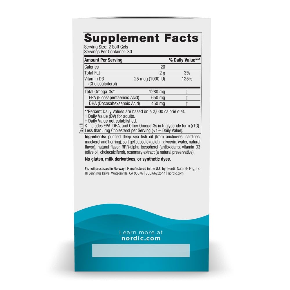 Nordic Naturals Ultimate Omega-D3 Lemon bottle back emphasizing clean ingredients and purity