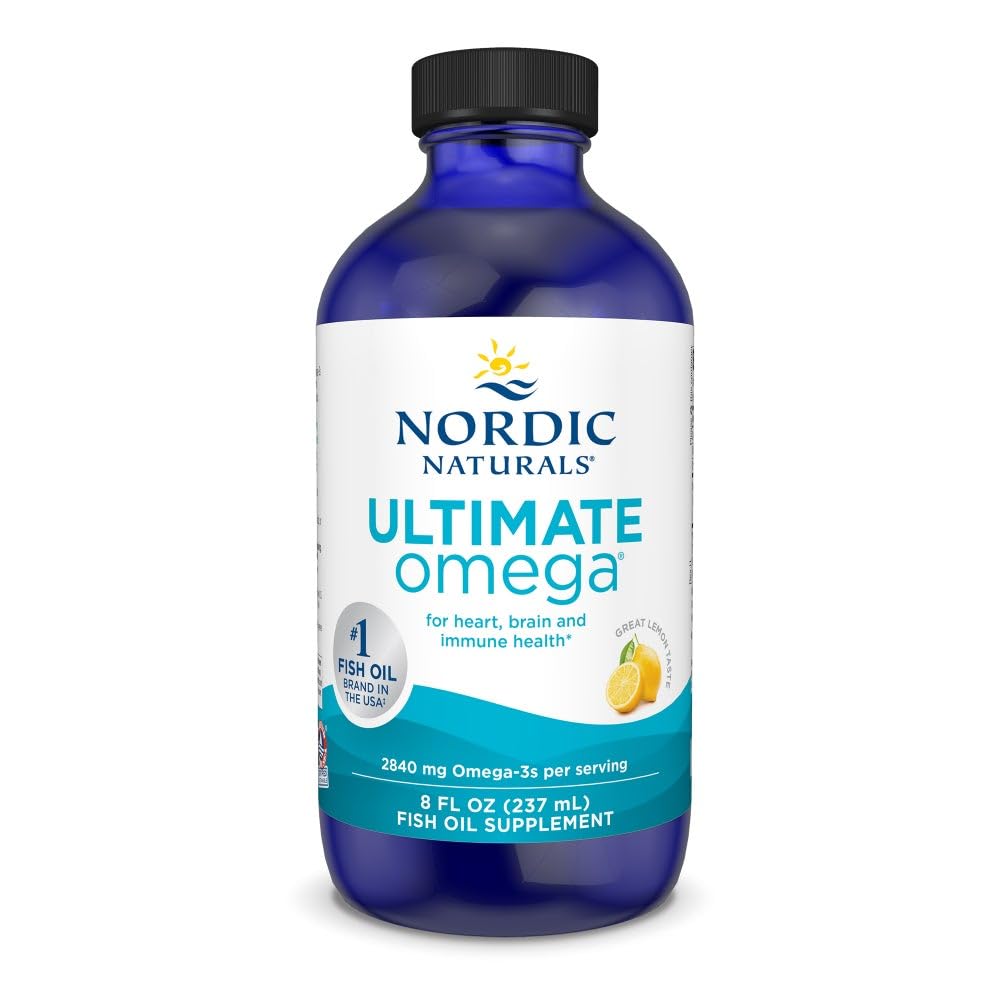 Nordic Naturals Ultimate Omega Liquid Lemon bottle, high-potency EPA/DHA for daily heart support.
