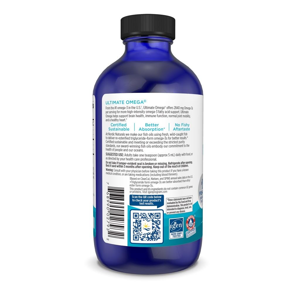 Nordic Naturals Ultimate Omega Liquid Lemon label detail, non-GMO and gluten-free claim.