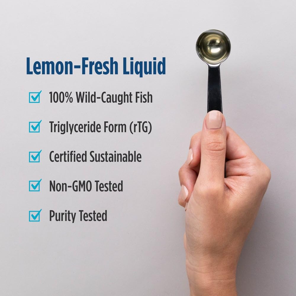 Nordic Naturals Ultimate Omega Liquid Lemon packaging, eco-friendly sustainability statement.