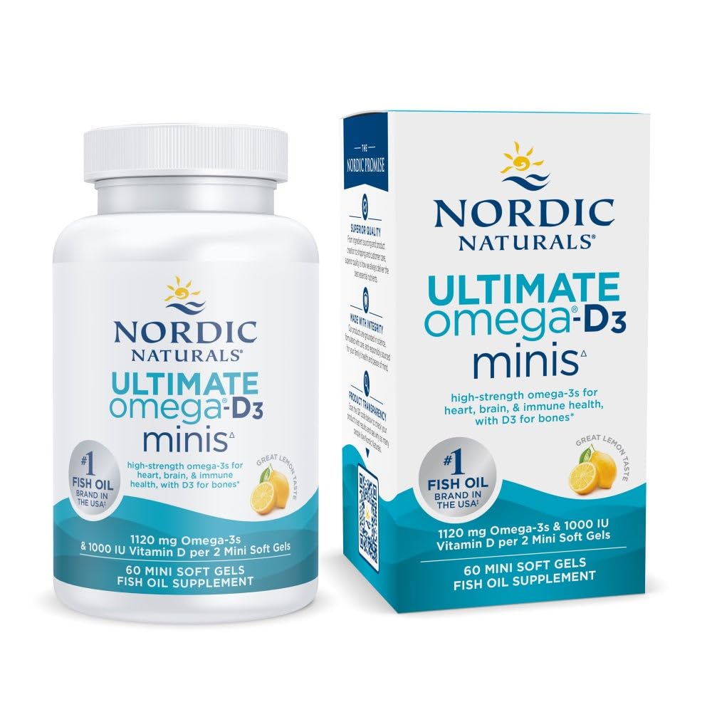 Nordic Naturals Ultimate Omega Mini D3 lemon bottle, convenient daily omega-3 with vitamin D3