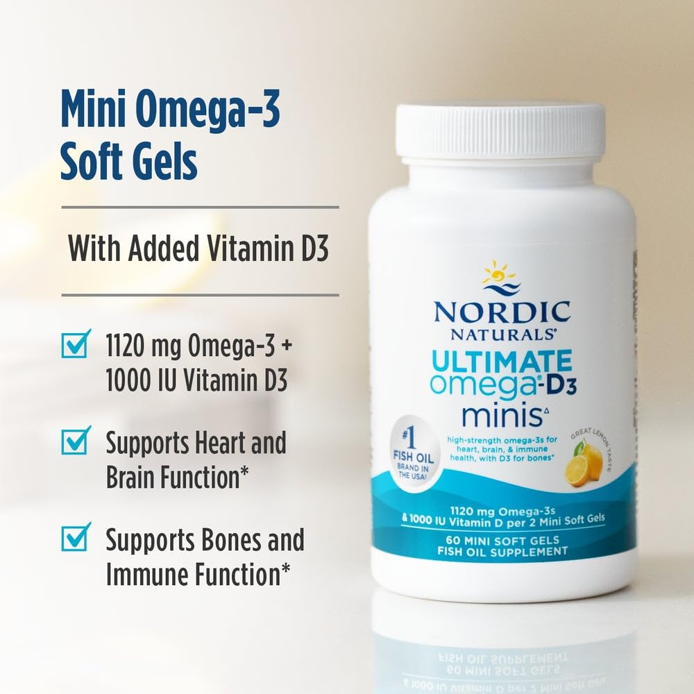 Nordic Naturals Ultimate Omega Mini D3 lemon ingredient panel, triglyceride-form omega-3 for efficient absorption