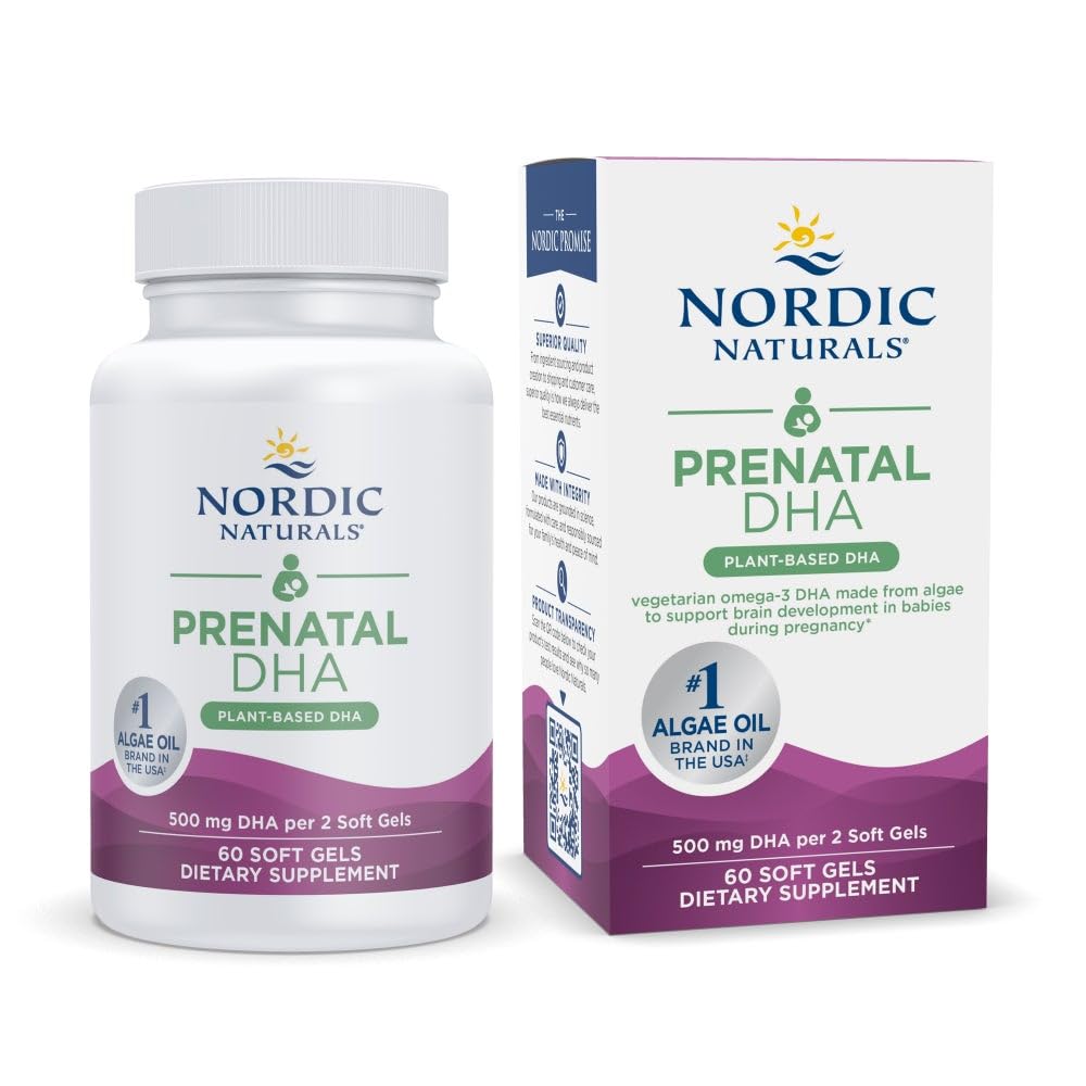 Nordic Naturals Vegan Prenatal DHA bottle with 60 soft gels for plant-based prenatal nutrition