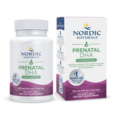Nordic Naturals Vegan Prenatal DHA bottle with 60 soft gels for plant-based prenatal nutrition