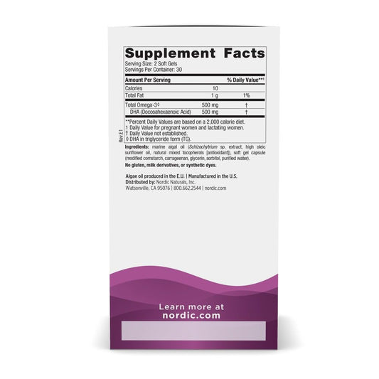 Nordic Naturals Vegan Prenatal DHA softgels close-up highlighting algae-based DHA source