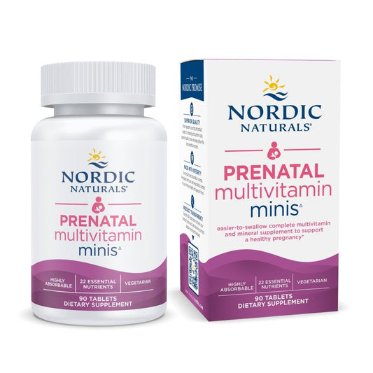 Nordic Naturals Vegetarian Prenatal Mini Tablets in bottle, easy to swallow for pregnancy nutrition.