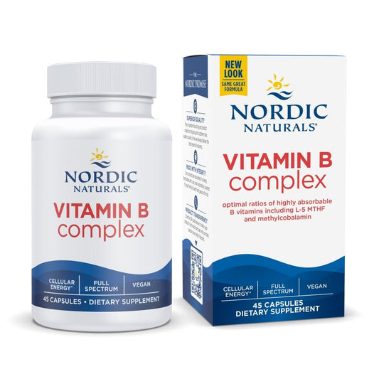 Nordic Naturals Vitamin B Complex bottle with 45 vegan capsules for daily energy