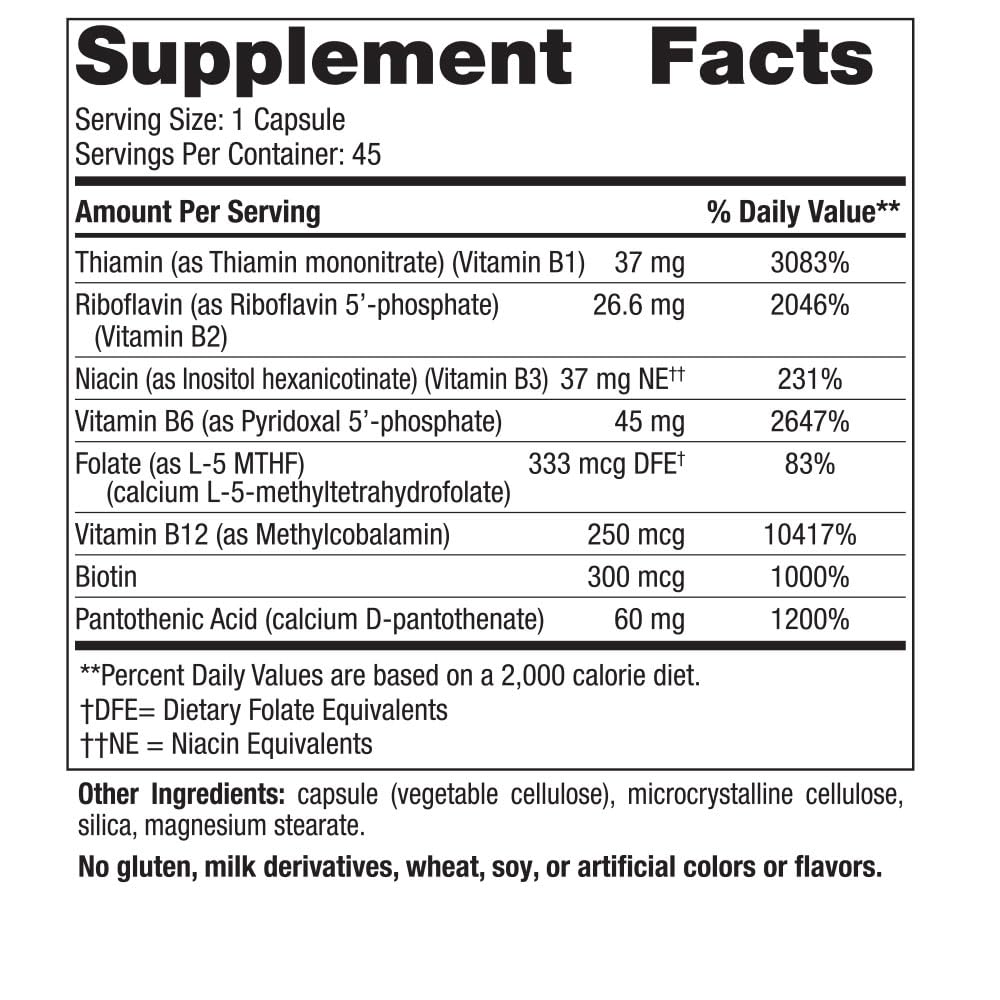 Close-up of Nordic Naturals Vitamin B Complex label highlighting ingredients