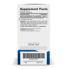 Nordic Naturals Vitamin D3 5000 orange bottle label, purity and non-GMO credentials highlighted.