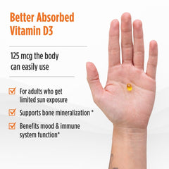 Nordic Naturals Vitamin D3 5000 orange packaging, gluten- and dairy-free, third-party tested.