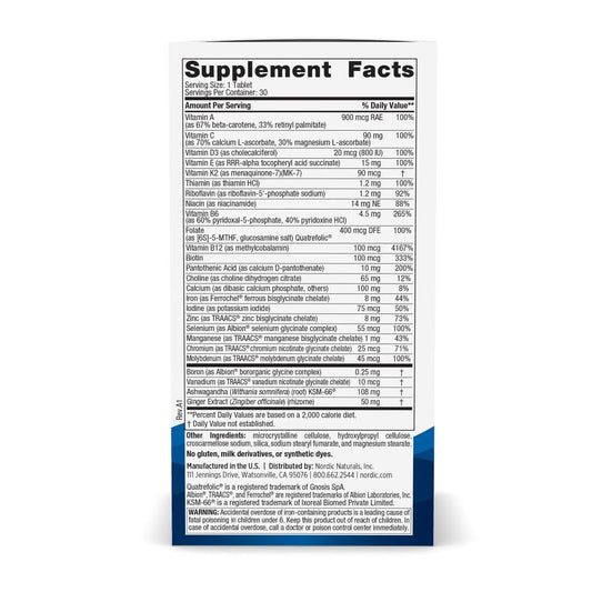Nordic Naturals Women’s Multivitamin One Daily tablet closeup highlights absorption-friendly form.