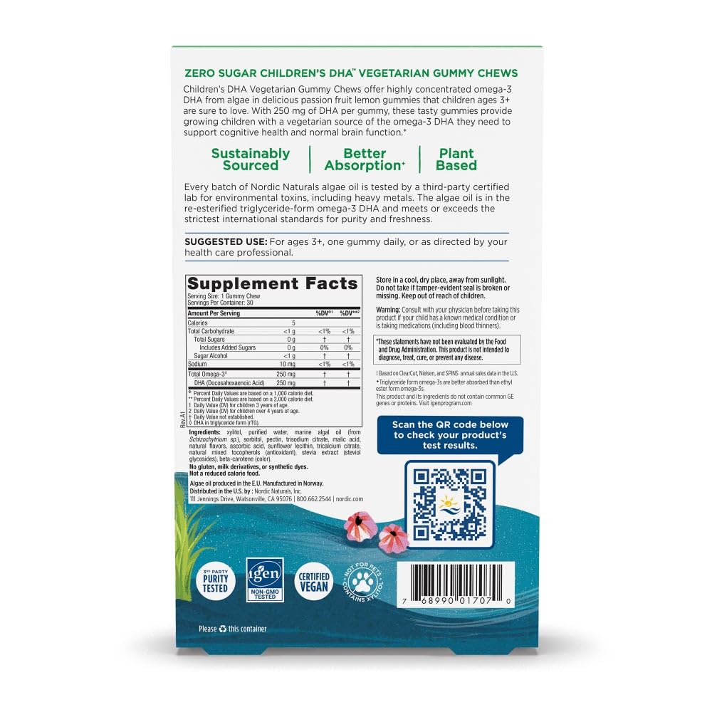 Nordic Naturals Zero Sugar Children’s DHA packaging front, highlighting purity and easy dosing for families.