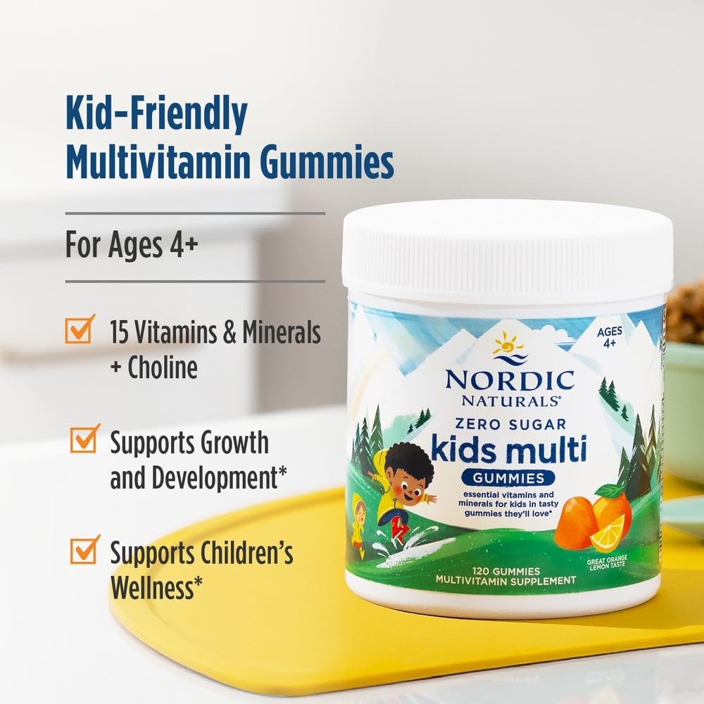 Nordic Naturals Zero Sugar Kids Multi Gummies packaging noting non-GMO and vegetarian