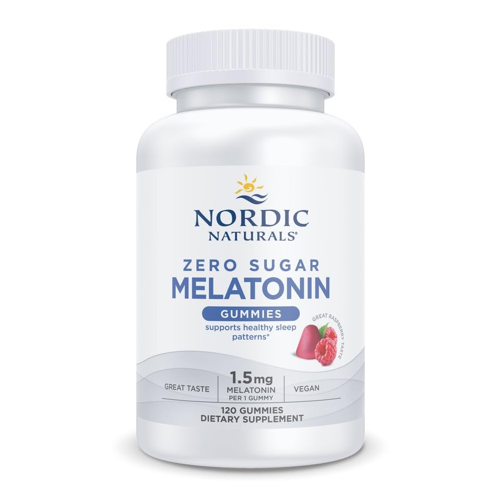 Nordic Naturals Zero Sugar Melatonin Gummies Raspberry packaging shows a tasty, sleep routine aid.