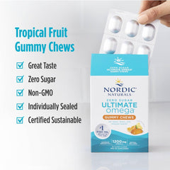Gummy texture and tropical flavor key visual of Nordic Naturals Zero Sugar Ultimate Omega Gummy Chews