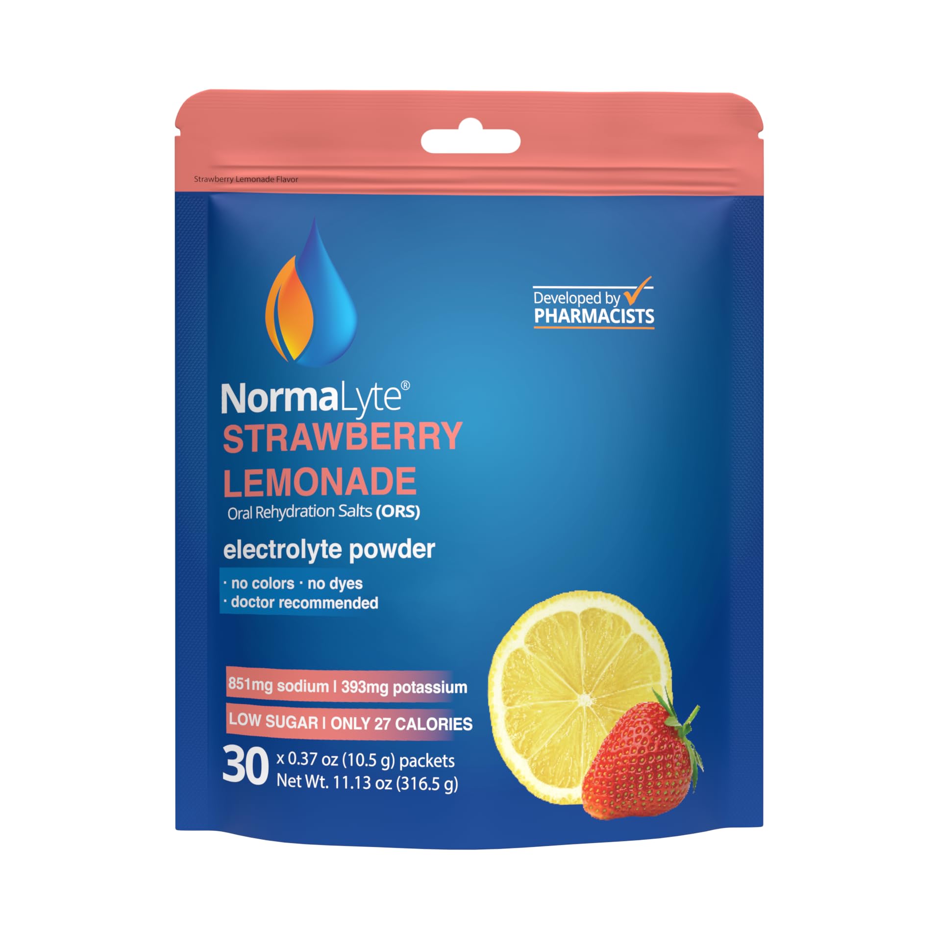 NormaLyte Strawberry packet being poured for quick hydration after workouts.
