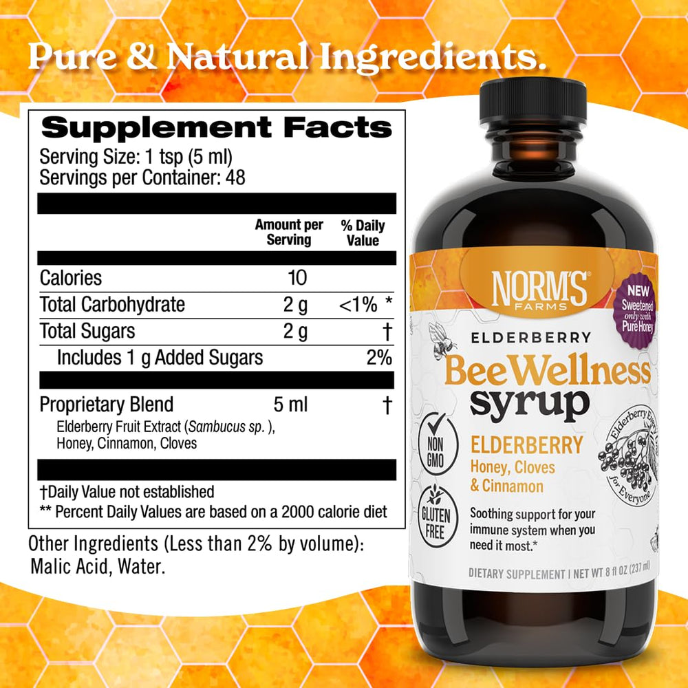 Close-up of the label on Norm's Farms elderberry syrup bottle