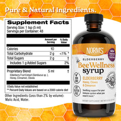 Close-up of the label on Norm's Farms elderberry syrup bottle